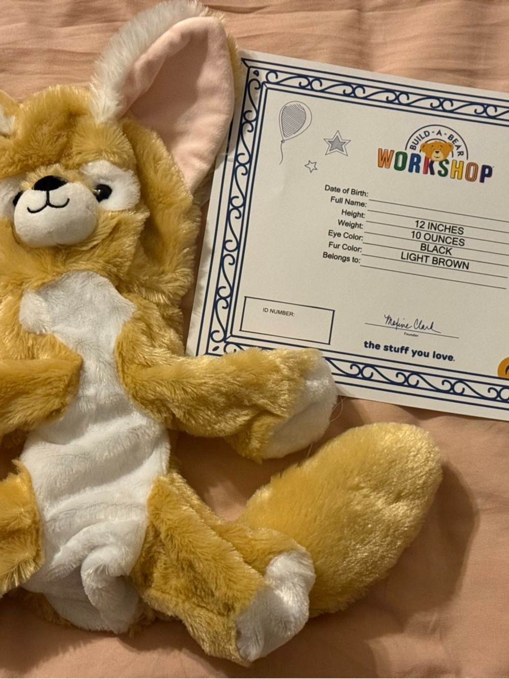 Unstuffed Build-A-Bear Fennec Fox with Blank Certificate